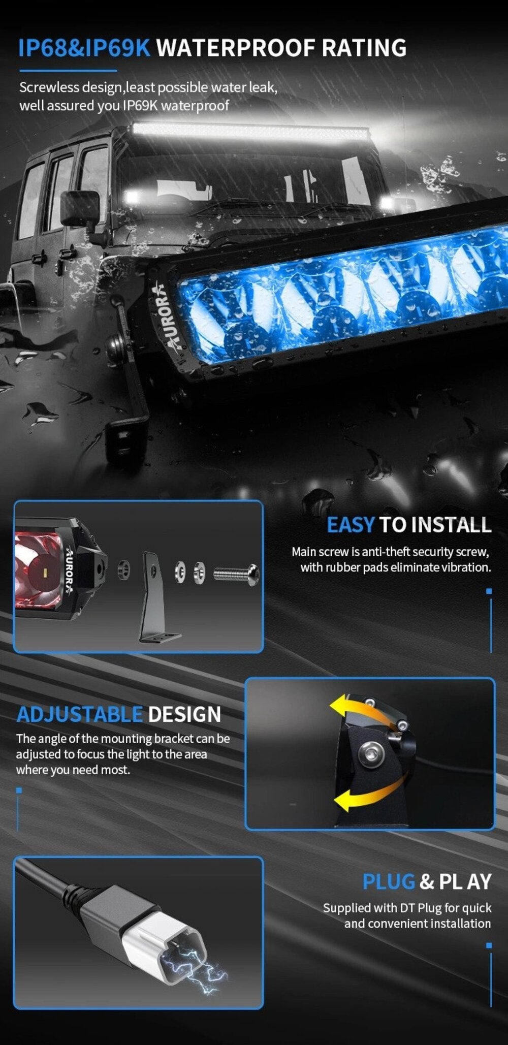 AURORA LED 10" (25.4 CM) "D6 DOUBLE ROW RGB" SERIJOS ŽIBINTAS 75W SPOT