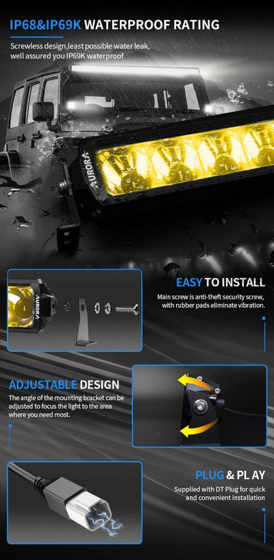 AURORA LED 10" (25.4 CM) "D6 DOUBLE ROW WHITE+YELLOW" SERIJOS ŽIBINTAS 75W SPOT